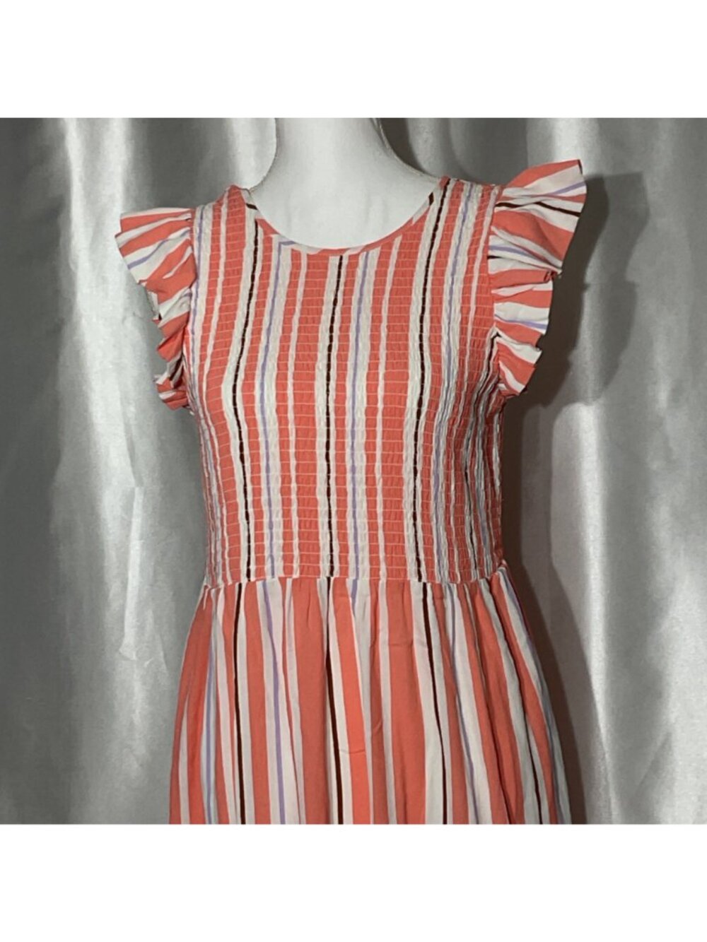 A new day Striped Coral & White Midi Dress size M With Ruffle Sleeves Smocked - Picture 4 of 11